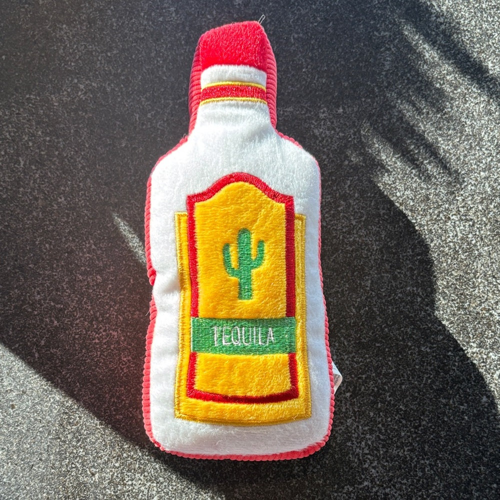 Plush Tequila Bottle Dog Toy - Red and White